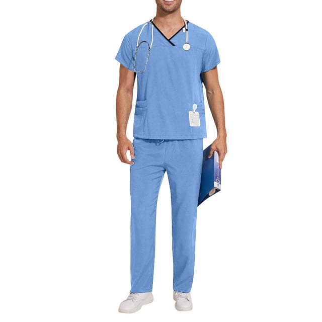 TIMIFIS Men and Women Scrub Set Stretch V-Neck Scrub Top and Drawstring Waist Joggers Pants Solid Color Comfort Fits Medicals Uniform with Pockets - Spring/Summer