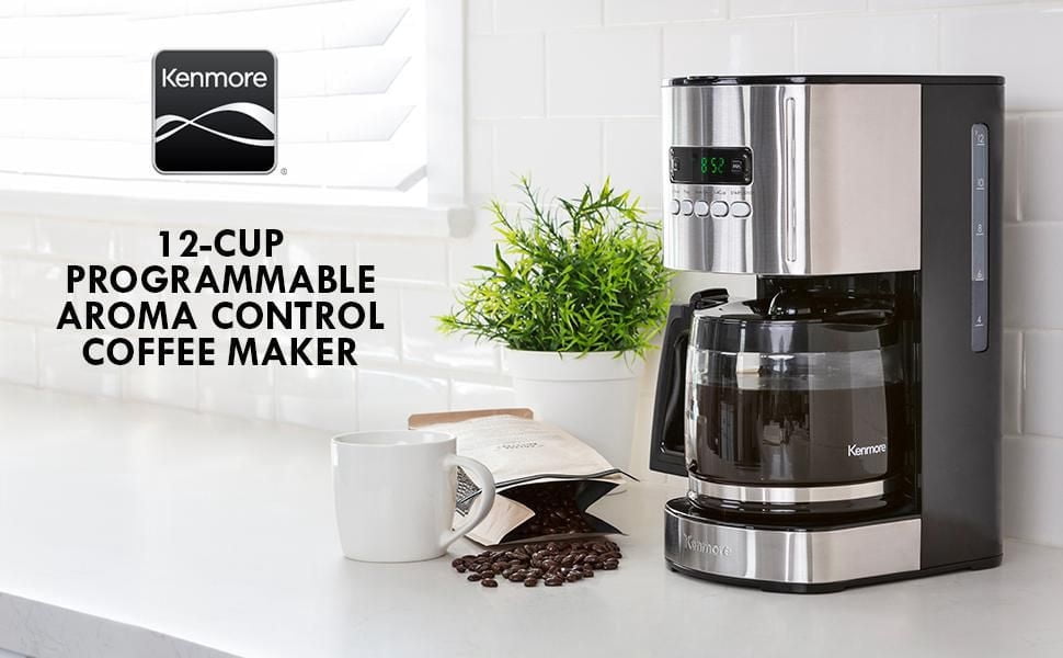 Kenmore Programmable 12-Cup Coffee Maker, Stainless & Black, Auto Brew & Keep Warm Functions