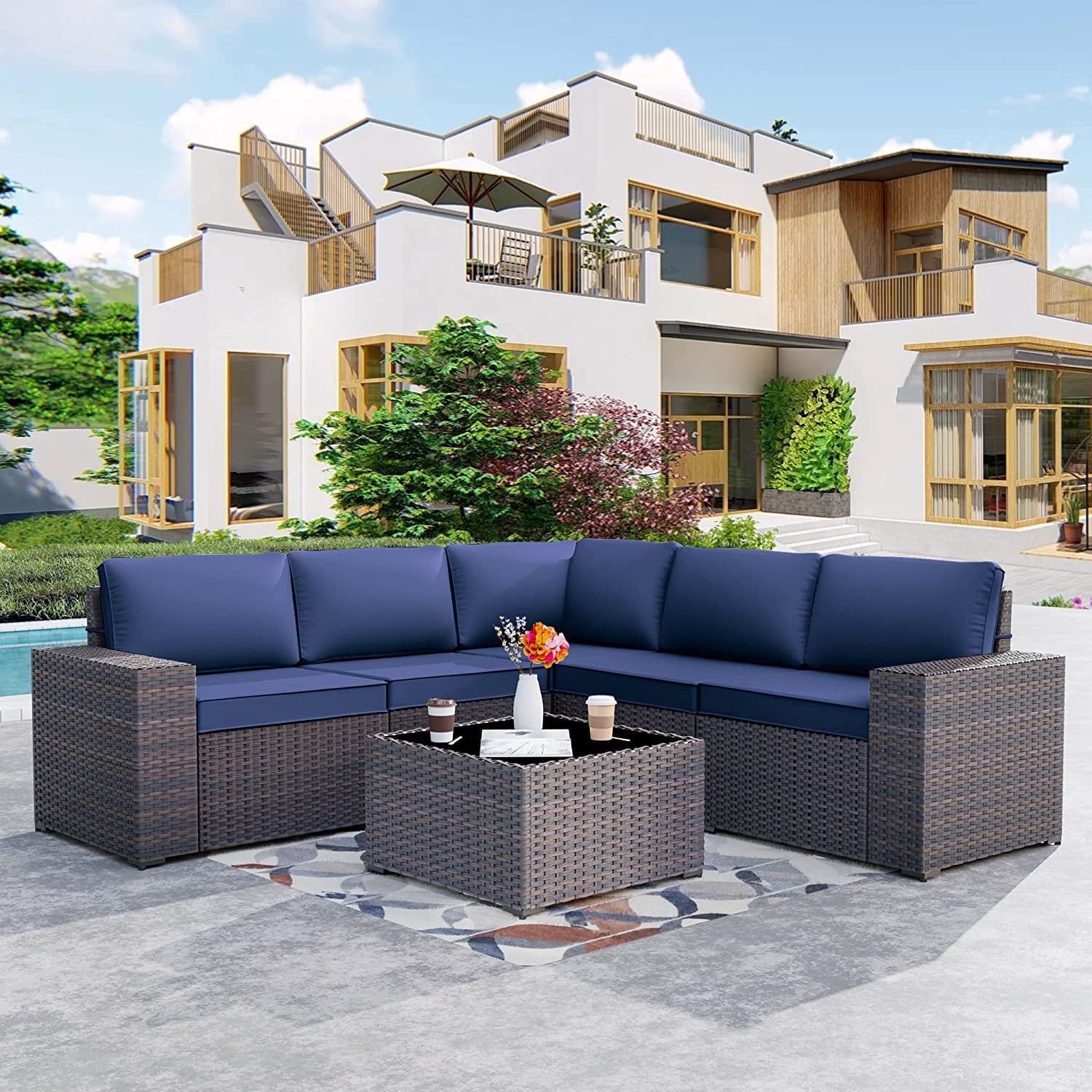 Kullavik 6 Pieces Patio Furniture Sets All Weather Outdoor Sectional Sofa Manual Weaving Wicker Rattan Patio Conversation Set with Cushion and Glass Table (Navy Blue)