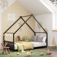 thumbnail image 1 of GUNAITO Twin Size House Bed with Safety Rails & Decorable Roof, Black, 1 of 6