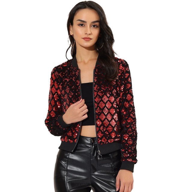 INSPIRE CHIC Blouson Bomber Court à Paillettes pour Femme à Col Montant à Manches Longues avec Fermeture Éclair S Rouge