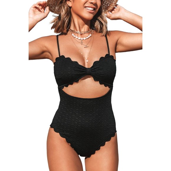 Women's One Piece Swimsuit Sexy Black Cutout Scallop Trim Bathing Suit,Black,S