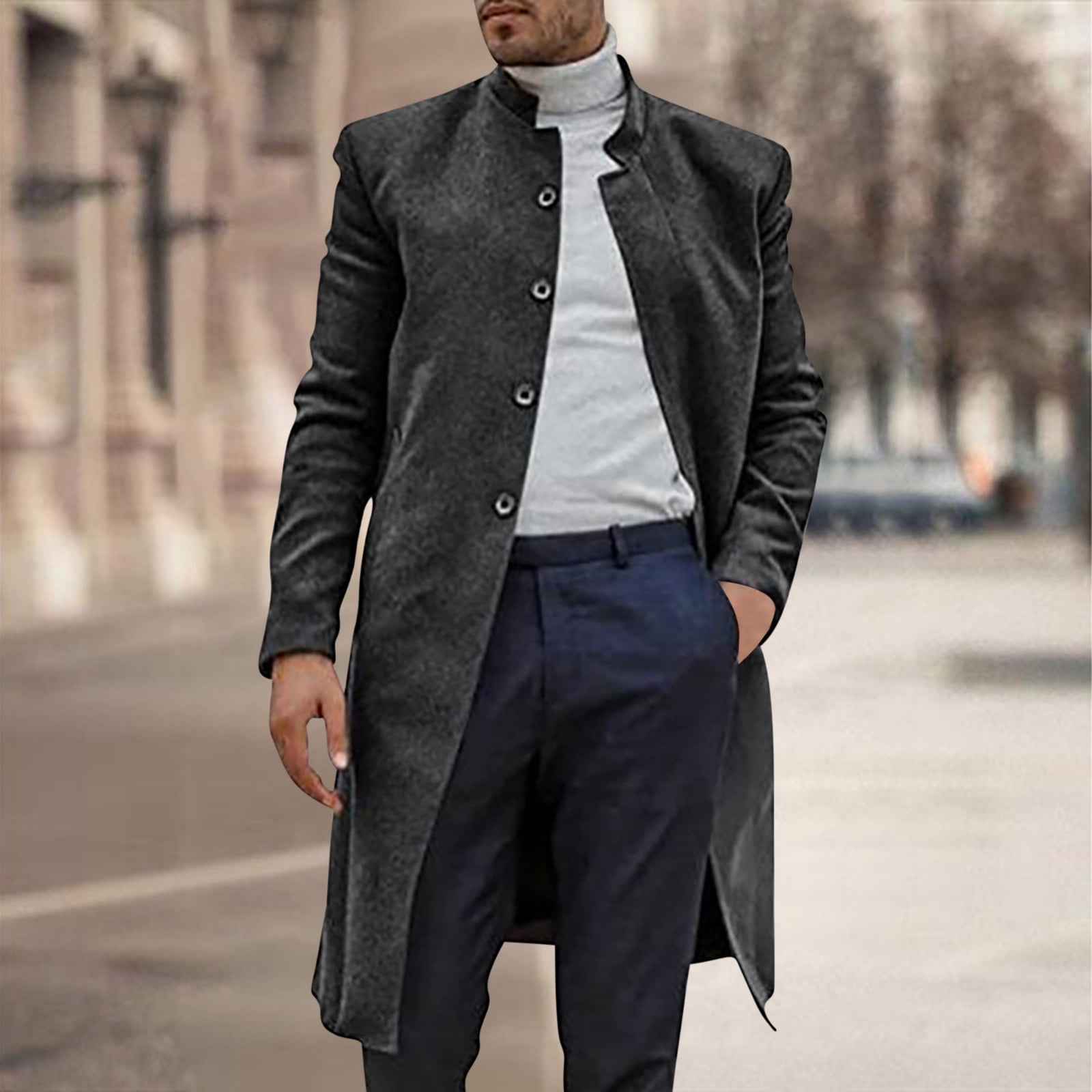 EQWLJWE Mens Black Trench Coat Stand Mandarin Collar Single
