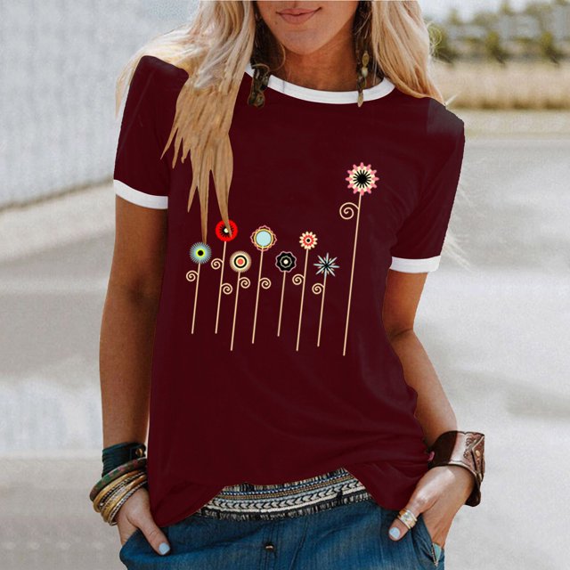 EGNMCR T-Shirts pour Femmes Femme Couleur Imprimé de Fleurs Manches Courtes Col Rond Décontracté Hauts Amples Manches Courtes