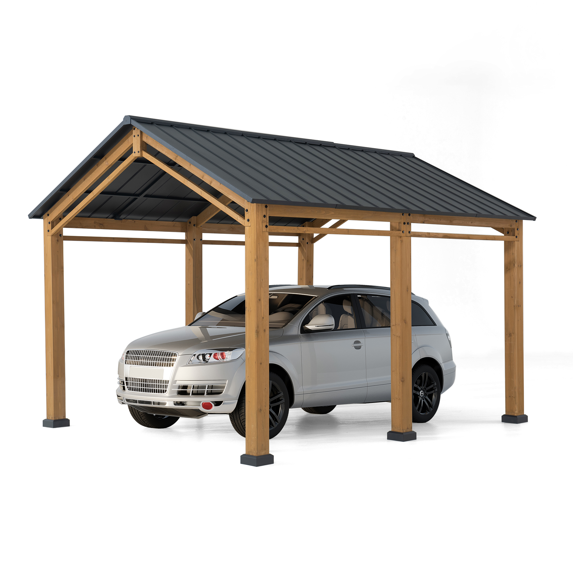 Sunjoy Gazebo en bois 13 pi x 11 pi Abri d'auto à toit rigide Abri d'auto robuste avec toit en acier et structure en bois, gazebo à toit à pignon en cèdre pour voitures et équipement d'extérieur