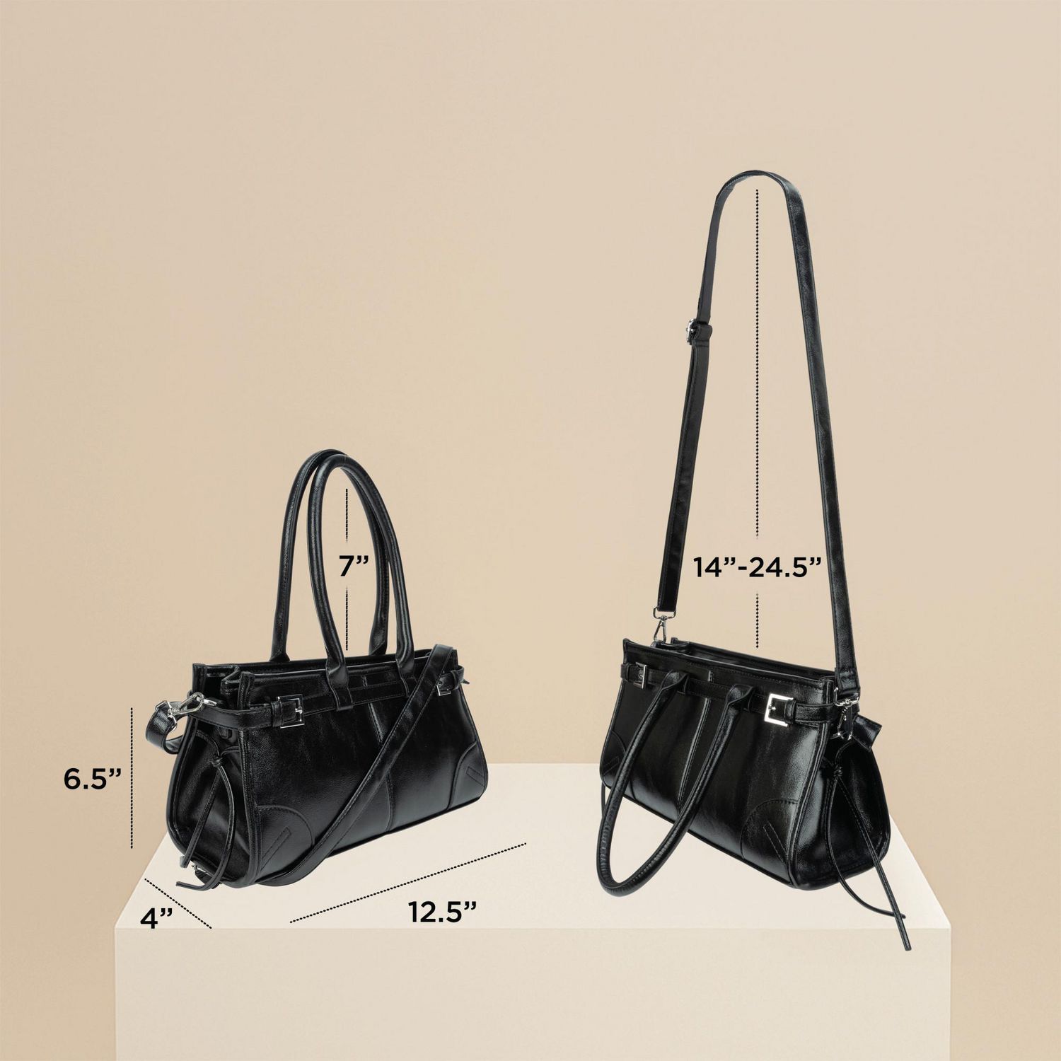 Time & Tru Slim Satchel Handbag, Oil-Waxed Faux Leather, Top Handles with Removable Adjustable Strap, Inner Zipper Pocket, Top Zipper Closure, Black
