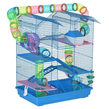 PawHut Cage pour Hamster de 18,5 Pouces avec Système de Tubes, Roue d'Exercice, Bleu