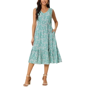 INSPIRE CHIC Women's Summer Boho Beach Dresses V Neck Sleeveless Floral Flowy Tie Midi Casual Sundress XL Green