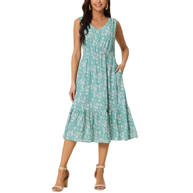 INSPIRE CHIC Robe d'Été Bohème de Plage pour Femme, Col en V, Sans Manches, Florale, Fluide, à Nouer, Midi, Décontractée, Robe Soleil, L Vert