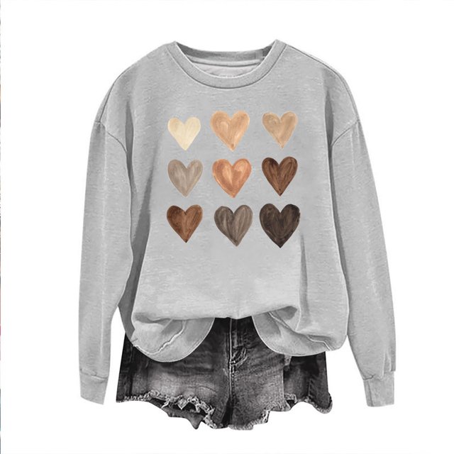 Qertyioot Chemise Cœur d'Amour Pull de la Saint-Valentin, Blouse à Manches Longues Imprimée Mode pour Femmes Col Rond Hauts Décontractés
