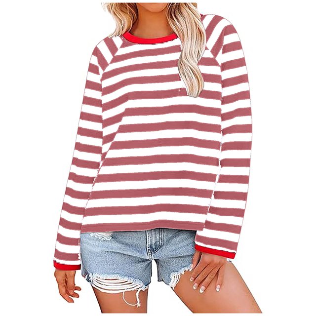 Timegard Fall Tops for Women 2024 Crewneck Striped Drop Shoulder Loose Blouse Comfy Long Sleeve Tops