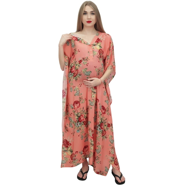 Bimba Robe Maxi de Maternité à Imprimé Floral Saumon pour Mamans avec Ceinture-16