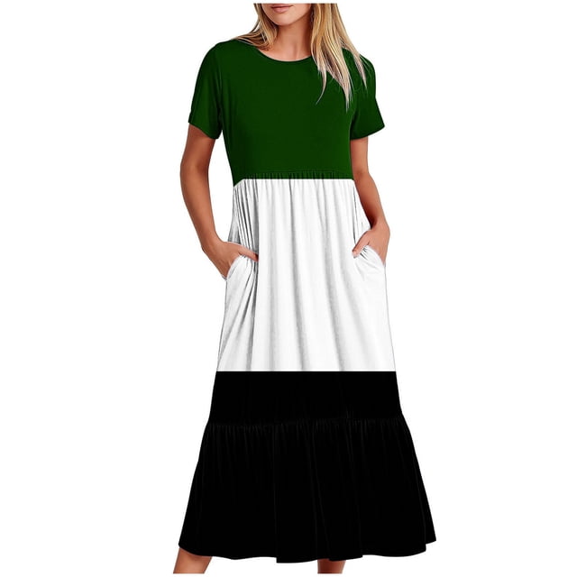Tumotour Robe d'Été pour Femmes, Imprimée, Ample, Décontractée, à Manches Courtes, Col Ras du Cou, Ligne A, Évasée, Fluide, à Étages, Chemise, Maxi, Plage, Longue, 2025, Tenues Tendance avec Poches
