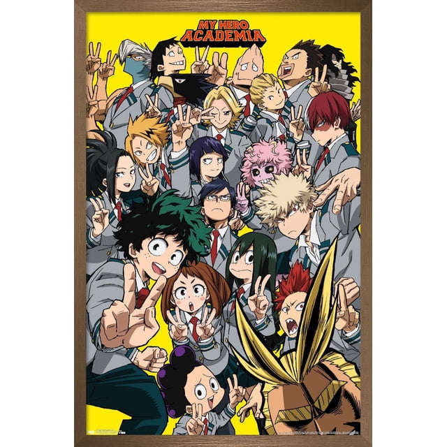 My Hero Academia - Affiche Murale Selfie, 22,375 Po x 34 Po Mettant en Vedette des Personnages d'Anime en Uniformes Scolaires Posant avec des Signes de Paix sur un Fond Jaune Vif, Imprimée sur du Papier Fini Satiné Lustré aux Couleurs Vibrantes et Encadrée en Bois Brun Pâle, Convient aux Chambres, Résidences Étudiantes Ou Bureaux.
