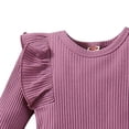 thumbnail image 4 of dmqupv Short Romper Outfit Set Girl Baby Girls Three Piece Ribbed Ruffle Long Sleeve Bodysuit And Pants Set With Bow Purple,Size for 3-6 Months, 4 of 5