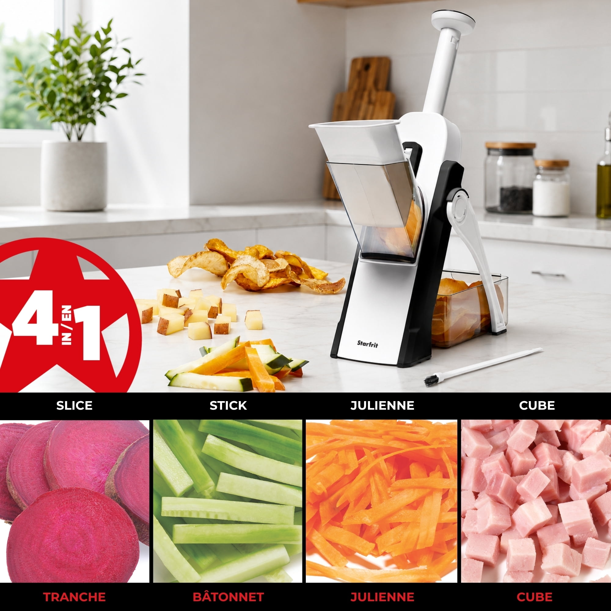 Starfrit Pump'N'Slice Vertical Mandoline, Safe Adjustable Vegetable & Fruit Slicer
