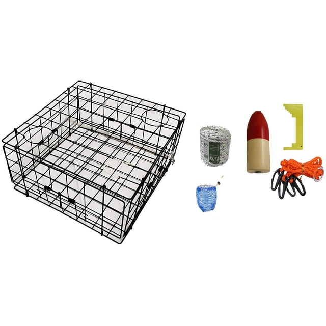 KUFA Vinyl(S60+CAM3) Coated Crab Trap with Crabbing Accessory Kit, featuring a 24x24x12 inch vinyl-coated trap with 4 one-way doors, a 5/16x100-foot lead core rope, a durable 4-arm harness, a 7x7 inch plastic bait case, a 6x14 inch red and white float, and a crab clipper suitable for WA, OR, and AL. The kit is designed for recreational and professional crabbing.
