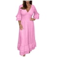 thumbnail image 2 of Robes pour Femmes 2024 Robe d'Été pour Femmes Nouvelle Tempérament Élégante à Col en V à Manches Mi-Longues Couleur Robe de Vacances en Liquidation, 2 of 6