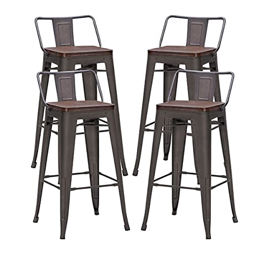 Alunaune 26" Metal Bar Stools Set of 4 Industrial Counter Height Bar Stools Kitchen Island Bar Chairs Wooden Seat Low Back-Rusty