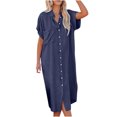 thumbnail image 2 of SMihono Robe Bohème d'Été pour Femmes Grande Taille Mode Décontractée pour Femmes Col à Revers Couleur Unie Robe Chemise à Manches Courtes Robe en Denim, 2 of 9