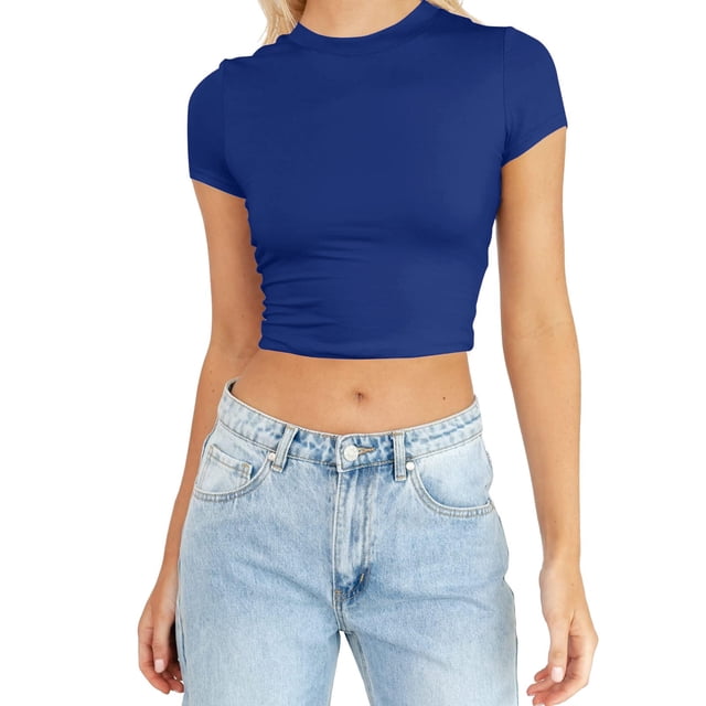 JIRNDf Hauts pour Femmes T-Shirts d'Été Tendance Mode Manches Courtes Mignon Court Basique Col Rond Coupe Ajustée Blouse pour Femmes Tunique Décontractée Hauts Bleu Foncé m