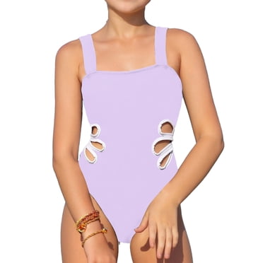 XASZHN Girls' 1 Piece Swimsuit – Lace up Beach Swimwear | UPF 50+ Sun Cut Out Bathing Suit Beach Swim Set Purple_001 10-11 Years