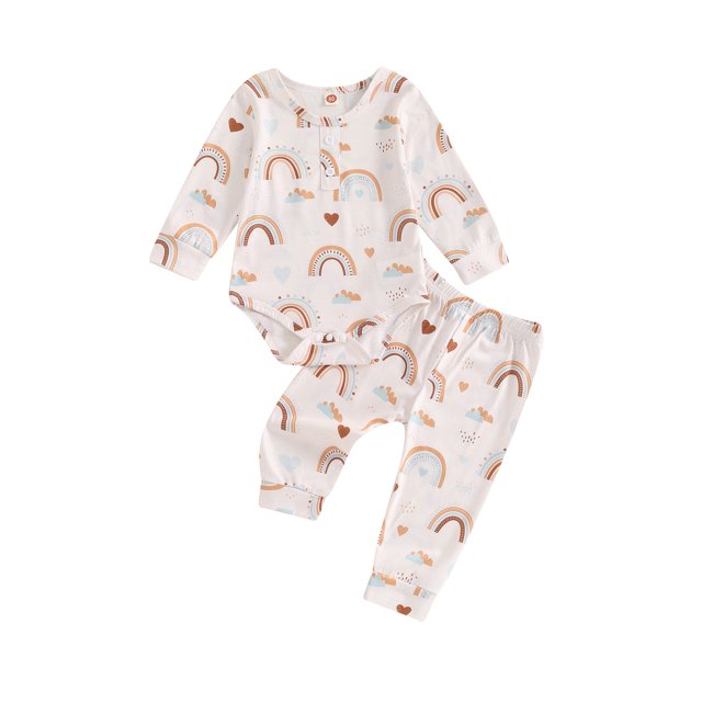 Gupgi Baby Reindeer Outfit Fall Rainbow Print Long Sleeve Romper Long Pants 2 Pcs Set