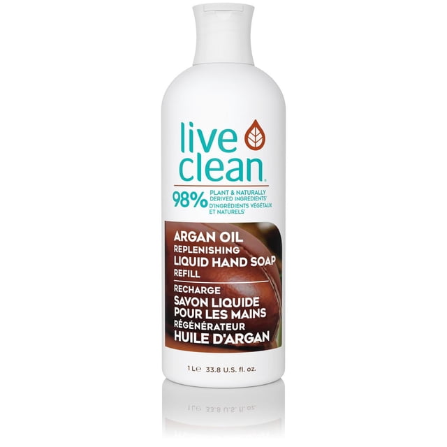 Live Clean Argan Oil Liquid Hand Soap Refill in a white 1-liter bottle with teal and brown text, made with 98% plant and naturally derived ingredients, designed for gentle hand care and moisturizing with argan oil and organic botanicals.