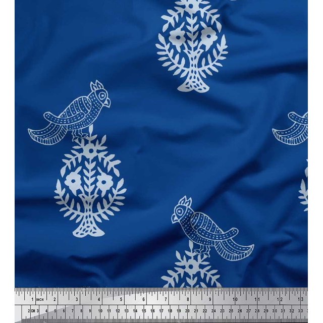 Soimoi Poly Georgette Fabric Leaves,Bird & Floral Block Printed Craft Fabric by The Yard 52 Inch Wide