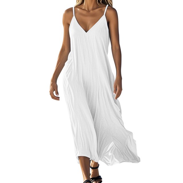 VEKDONE Robe d'Été Sans Manches en Coton et Lin Uni à Col en V pour Femme Jupe Blanche G
