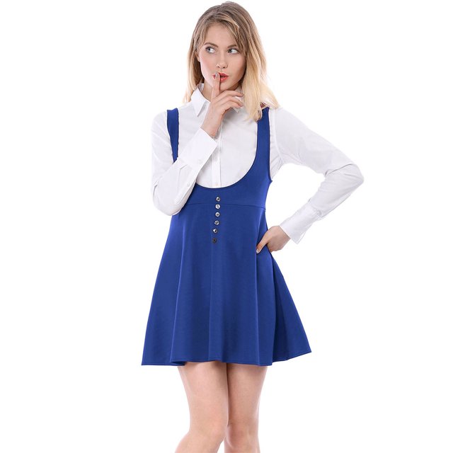 INSPIRE CHIC Robe Chasuble Salopette de Noël pour Femme Décor de Boutons Jupe Évasée à Bretelles Bleu Indigo m
