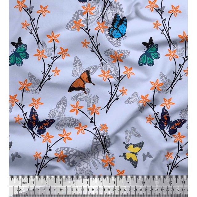 Soimoi Blue polyester Crepe Fabric Flower & Butterfly Decor Fabric Printed BTY 52 Inch Wide