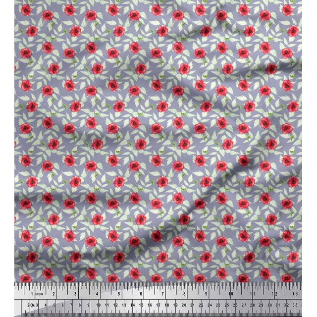 Soimoi Moss Georgette Fabric Leaves & Poppy Floral Print Fabric by Yard 42 Inch Wide