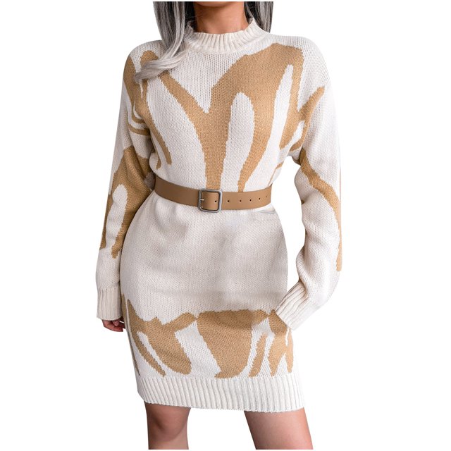 CEHVOM Women Casual Loose Geometric Patterns Sweater Knit Dress
