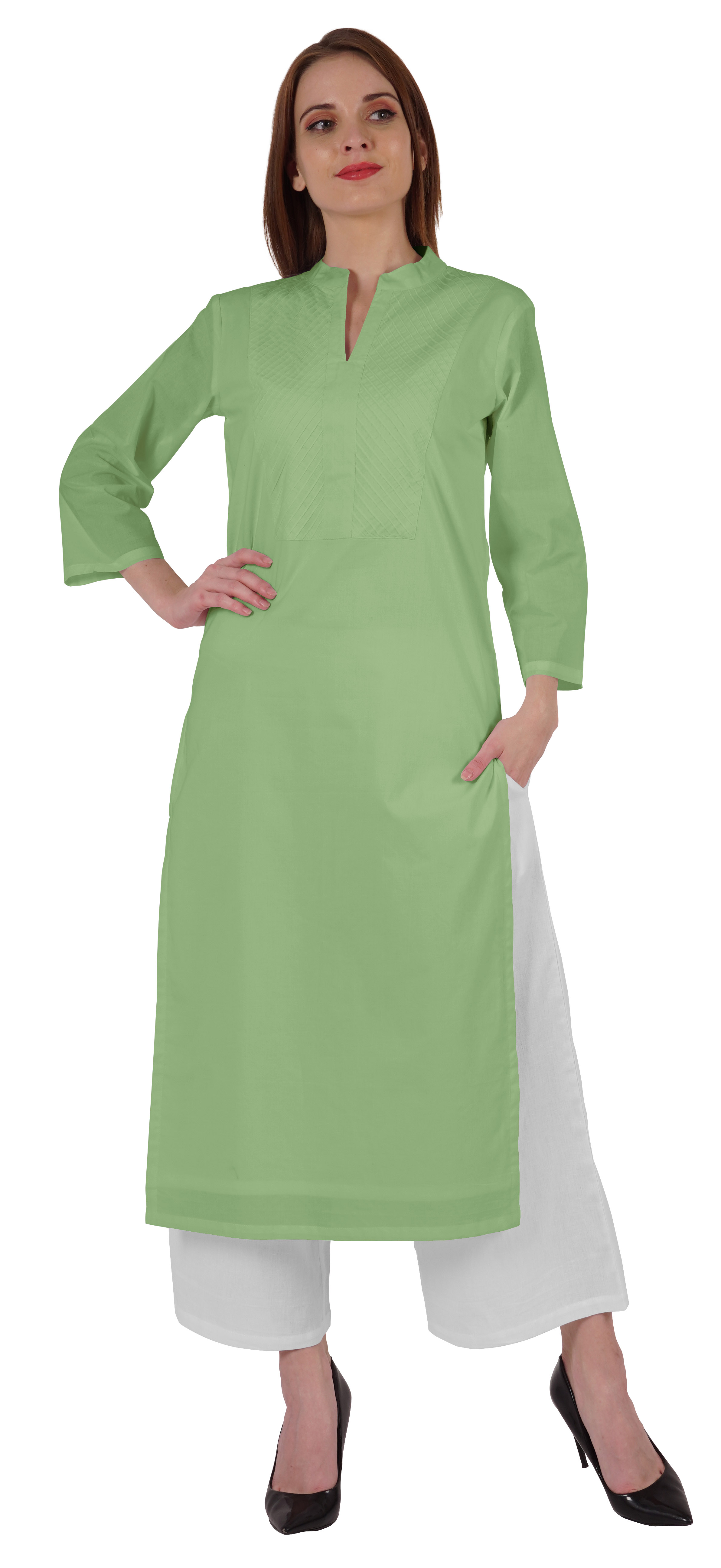 Bimba Kurta Droite Unie Ethnique Indienne pour Femmes à Col Mandarin avec Encolure Plissée en Coton