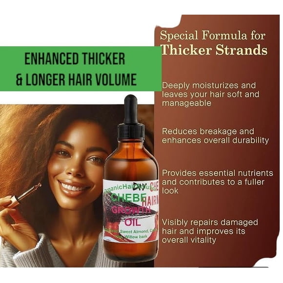 Organic Hair Solution- African Chebe Hair Growth Oil-Serum-For Stronger, Thicker Longer Hair-for Split Ends and Dry Scalp with Castor Oil- Tea Tree-for All Hair Types (4 oz)