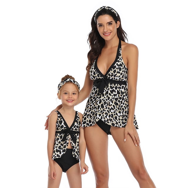 HAWEE Mommy and Me Halter Ruffle Swimsuit Leopard Print High Waisted Adjustable Straps Family Matching Bikini Set for 2-12 Years Old