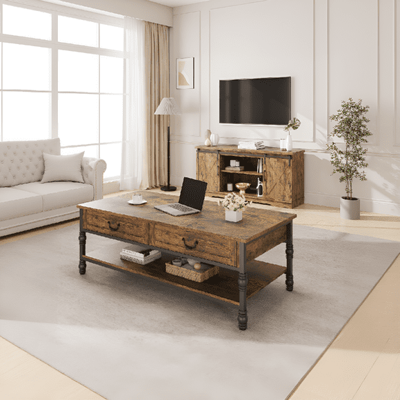 41" Rustic Rectangle Coffee Table with 2 Drawers and Open Shelf, Wooden Centre Table for Living Room, Mid Century Retro Cocktail Table with Storage, Vintage
