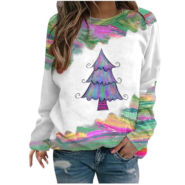 EQWLJWE Chandails de Noël pour Femmes Manches Longues Col Rond Chandails Chandail Arbre de Noël et Verts Frais Manches Raglan Chandails Arbre de Noël pour Femmes Grandes Tailles