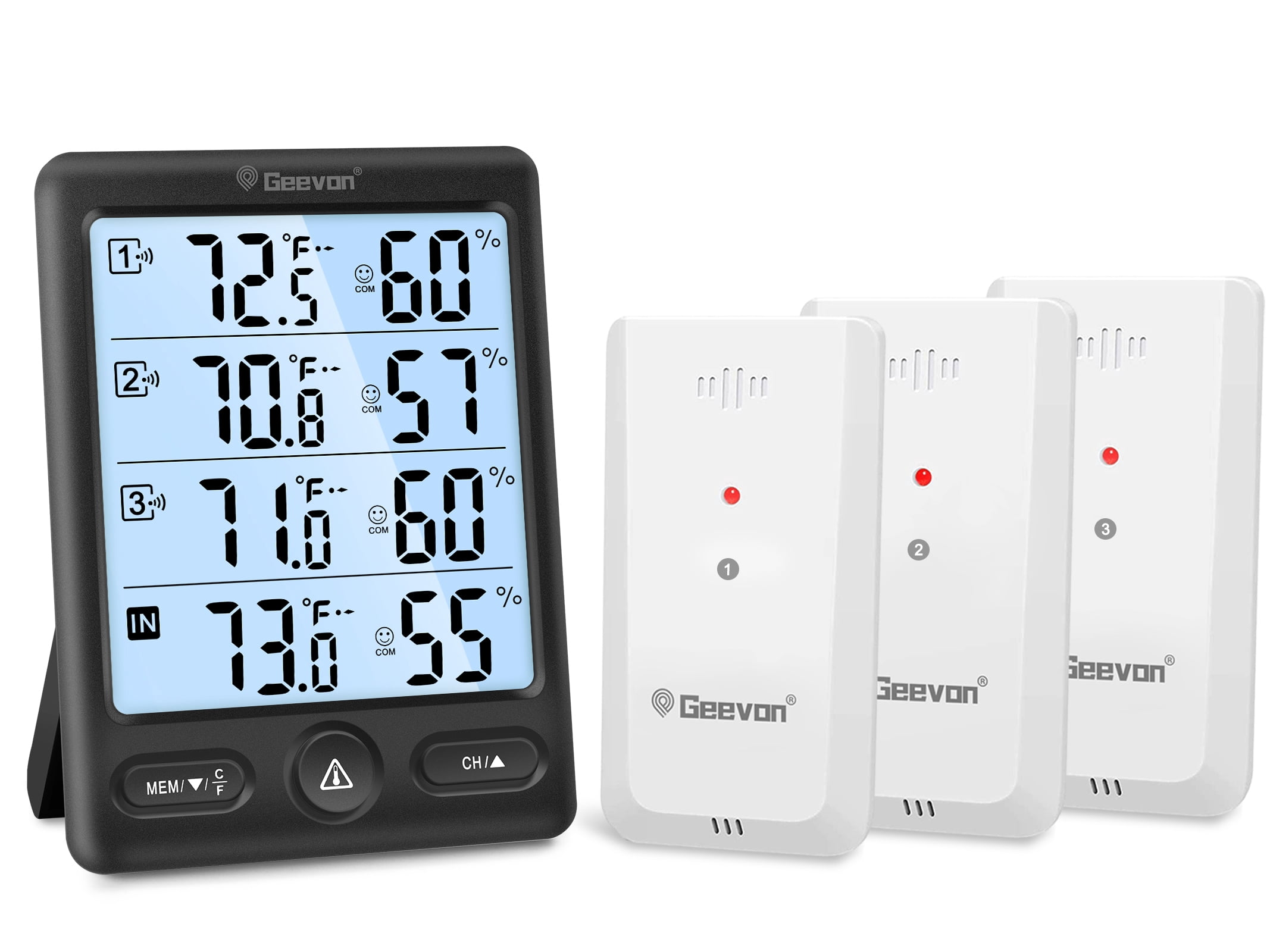 Geevon Indoor Outdoor Thermometer Wireless, Large LCD Display Digital Hygrometer Thermometer Temperature Humidity Monitor with 3 Remote Sensors and Backlight, Battery-Powered(Black With Backlight)