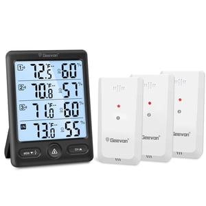 Geevon Indoor Outdoor Thermometer Wireless, Large LCD Display Digital Hygrometer Thermometer Temperature Humidity Monitor with 3 Remote Sensors and Backlight, Battery-Powered(Black With Backlight)