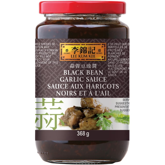 LKK Black Bean Garlic Sauce in a 368g clear glass jar with a red lid, featuring a dark brown label with gold and white text, highlighting fermented black beans and garlic, a savory ready-to-use sauce ideal for stir-frying or steaming in Chinese cuisine.