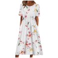 thumbnail image 2 of Midi Robes pour les Femmes Été Décontracté en Vrac Boho Imprimé Floral Col Rond Manches Courtes Genou Longueur Robe Froncée avec Poches, 2 of 5