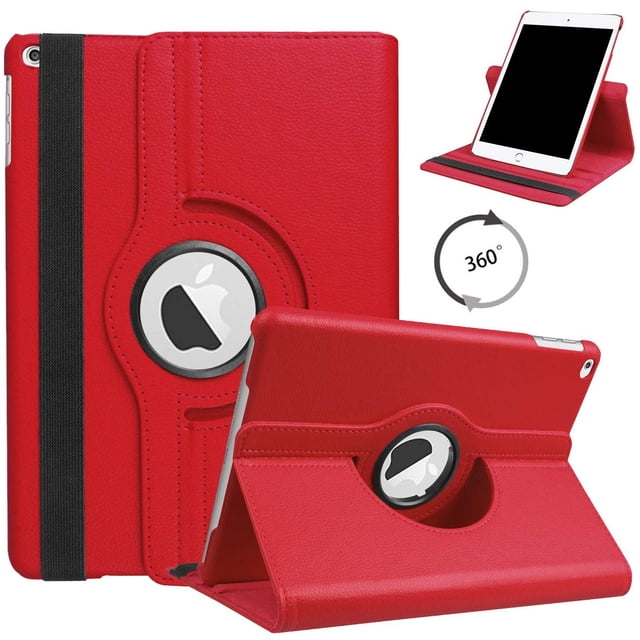 PST iPad 10.2" 7th 8th 9th Gen. Rotation Case in red PU leather with 360-degree rotating stand. Shockproof hard back protects against drops, microfiber lining prevents scratches, and elastic band secures closure. Perfect cutouts for ports and camera. Ideal for vertical and horizontal viewing, compatible with Apple iPad models.