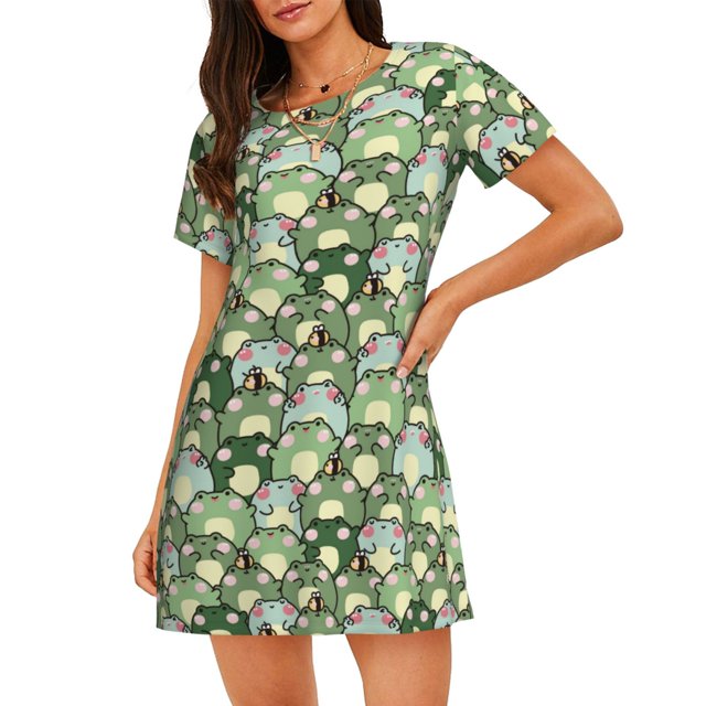 Kdxio Nuisette pour Femme à Imprimé Grenouille Mignonne, Vêtement de Nuit à Manches Courtes, Chemise de Nuit Décontractée à Imprimé, Robe de Nuit Ample et Confortable