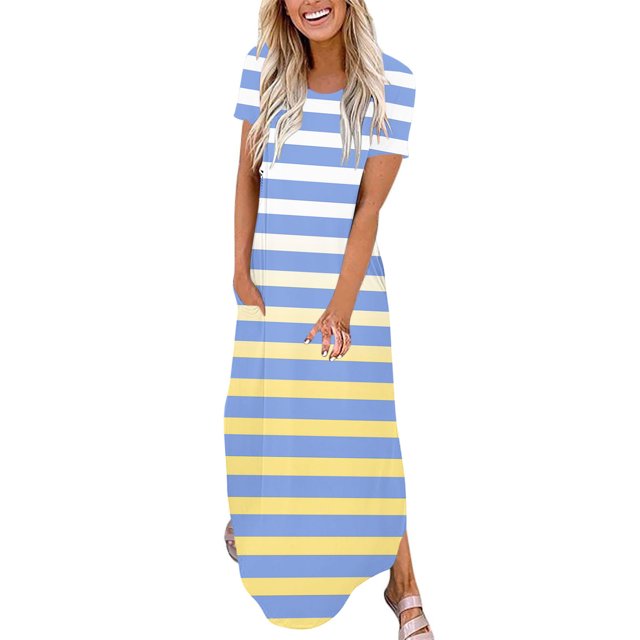 Ovzne Robes pour Femmes Robe pour Femme Mode Robe Décontractée Imprimée à Manches Courtes Col Rond avec Poches Robe pour Femmes Manches Courtes Imprimée Liquidation