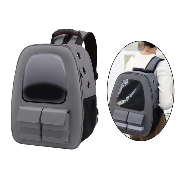 Cat Carrier Backpack Transparent Airline Outdoor in grey, featuring a clear acrylic window for visibility, six ventilation holes for airflow, and external pockets for storage. Made of durable Oxford cloth and acrylic, measuring approximately 12.6x7.5x16.5 inches. Airline-approved and suitable for cats under 16 pounds. Adjustable padded shoulder straps and carrying handle included.