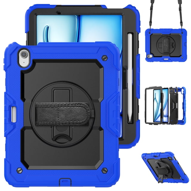 XYX For iPad Air 11 inch (2025 M3/2024 M2) Case, 360 Rotating Shockproof Cover with Stand, Screen Protector, Shoulder Strap, Blue
