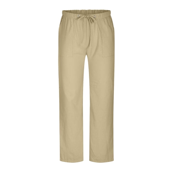 RKSTN Pants for Men Solid Color Casual Elastic Waist Trousers Cotton and Linen Loose Drawstring Pants with Pockets