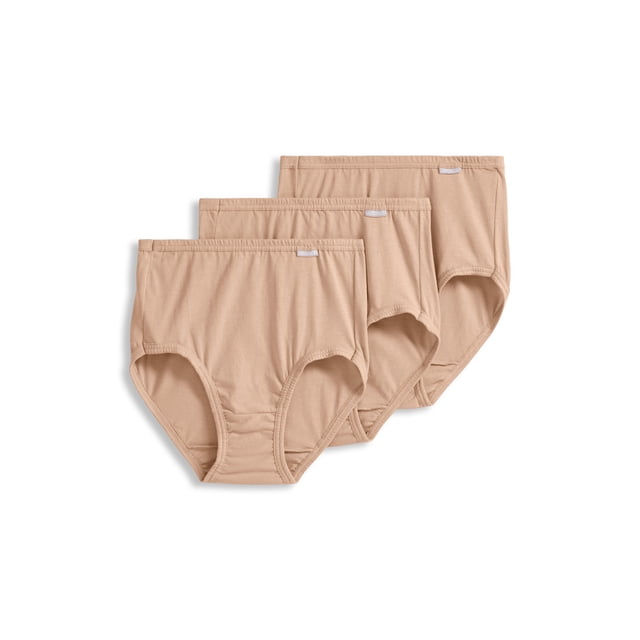 Jockey Women's Plus Size Elance Brief - 3 Pack featuring full-rise women's briefs in a neutral beige tone. Crafted from 100% combed, ring-spun cotton for softness and breathability, with fabric-covered waistband and leg openings for added comfort. Designed for full coverage and a natural waist fit.